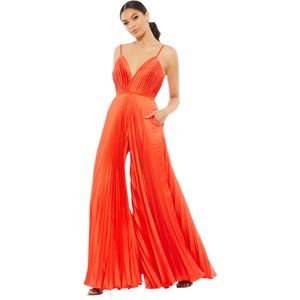 Mac Duggal IEENA Sz 4 Pleated Satin Wide Leg Jumpsuit Red
